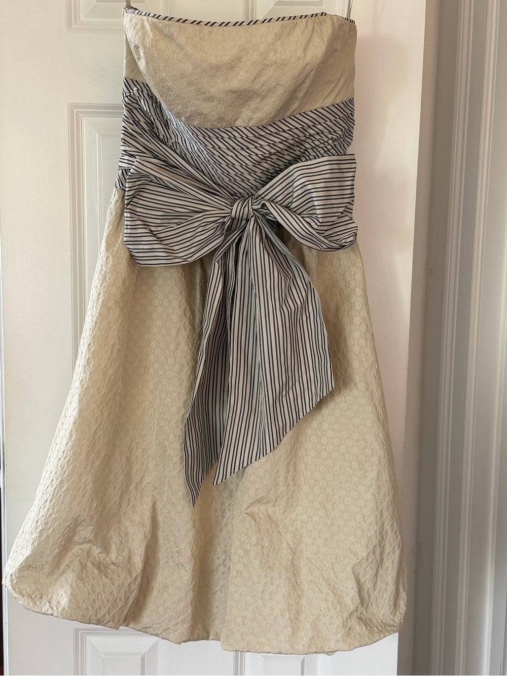 BCBGMaxAzria Cream Dress with French navy-Striped Bow Waist